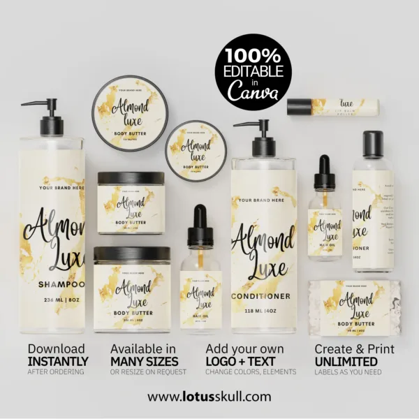 Almond Luxe - Luxury Cosmetic Label Templates | DIY Canva Bottle Label Templates