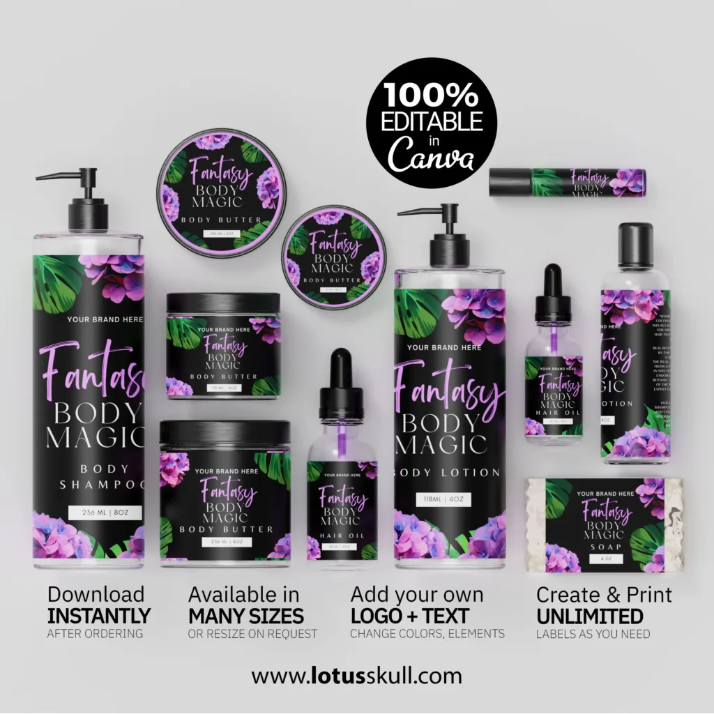 Beautiful Editable Tropical Floral Label Templates made with canva for skincare branding