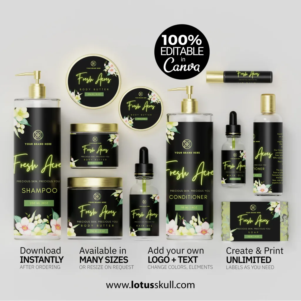 Customizable green and black product labels made with Canva