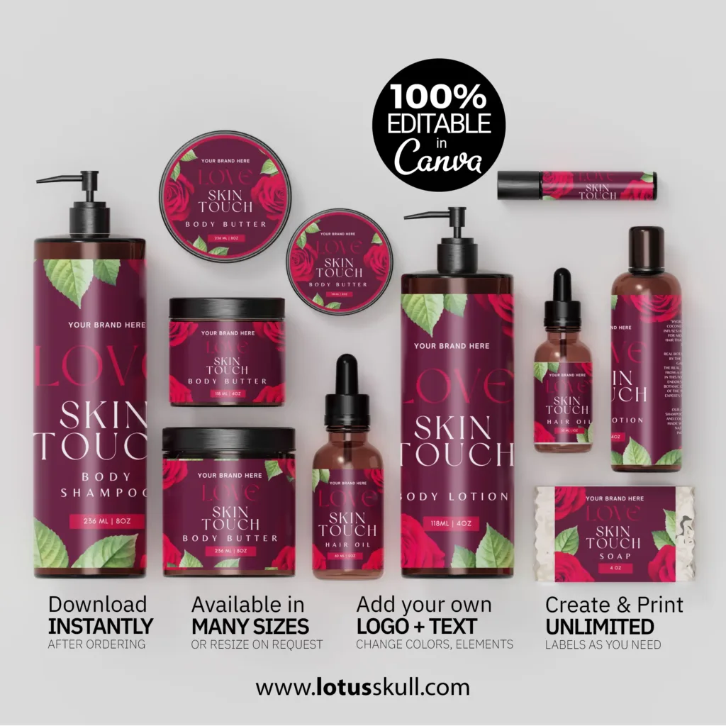 Self editable and printable deep red floral skincare labels made with canva