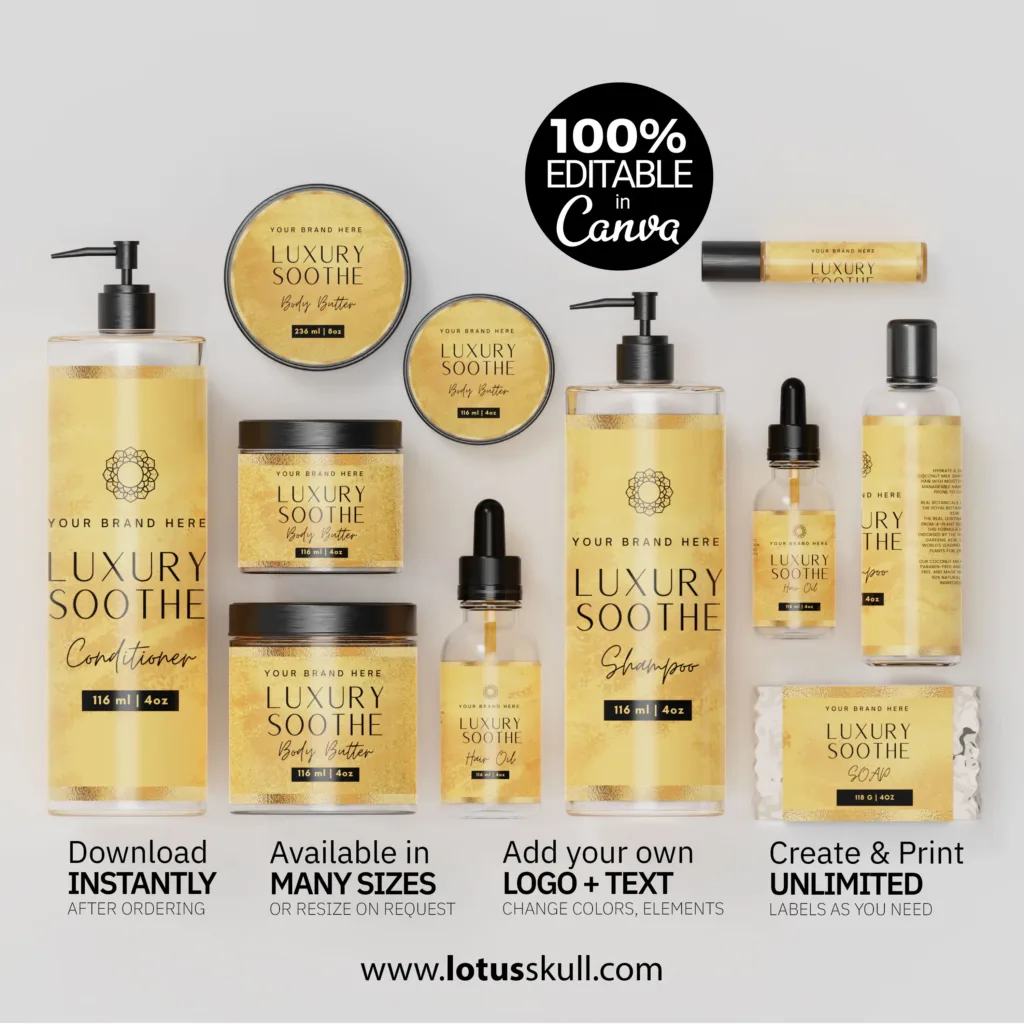 Luxury Soothe - Royal Gold Label Design Templates for Beauty Product Branding | Customizable Canva Labels