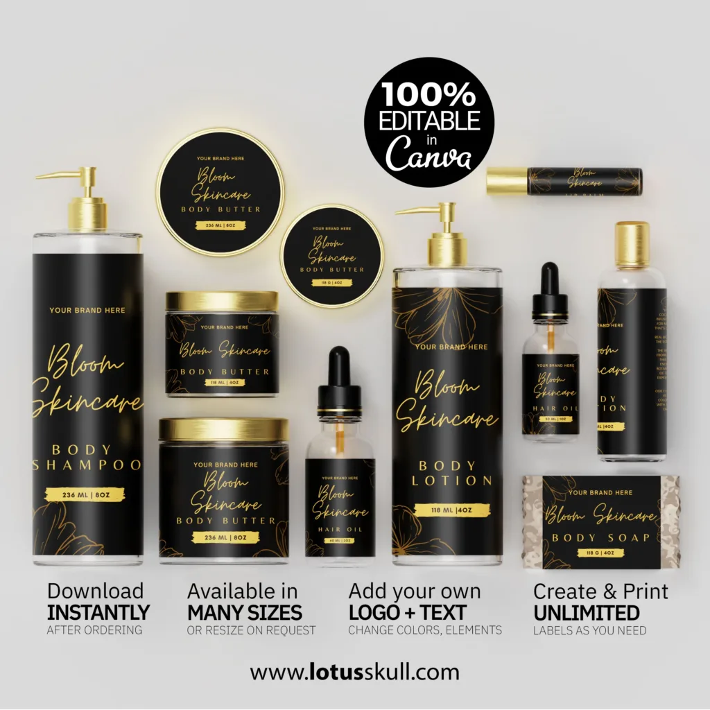 Premium Black and Gold Cosmetic Labels made with canva