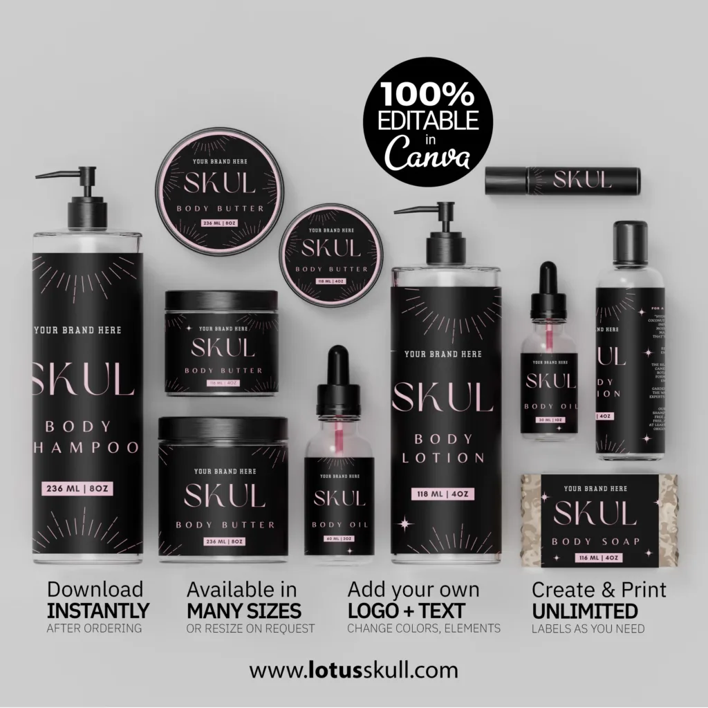 Skull - Black and Pink Witchcraft Themed Skincare Label Templates | DIY Product Labels