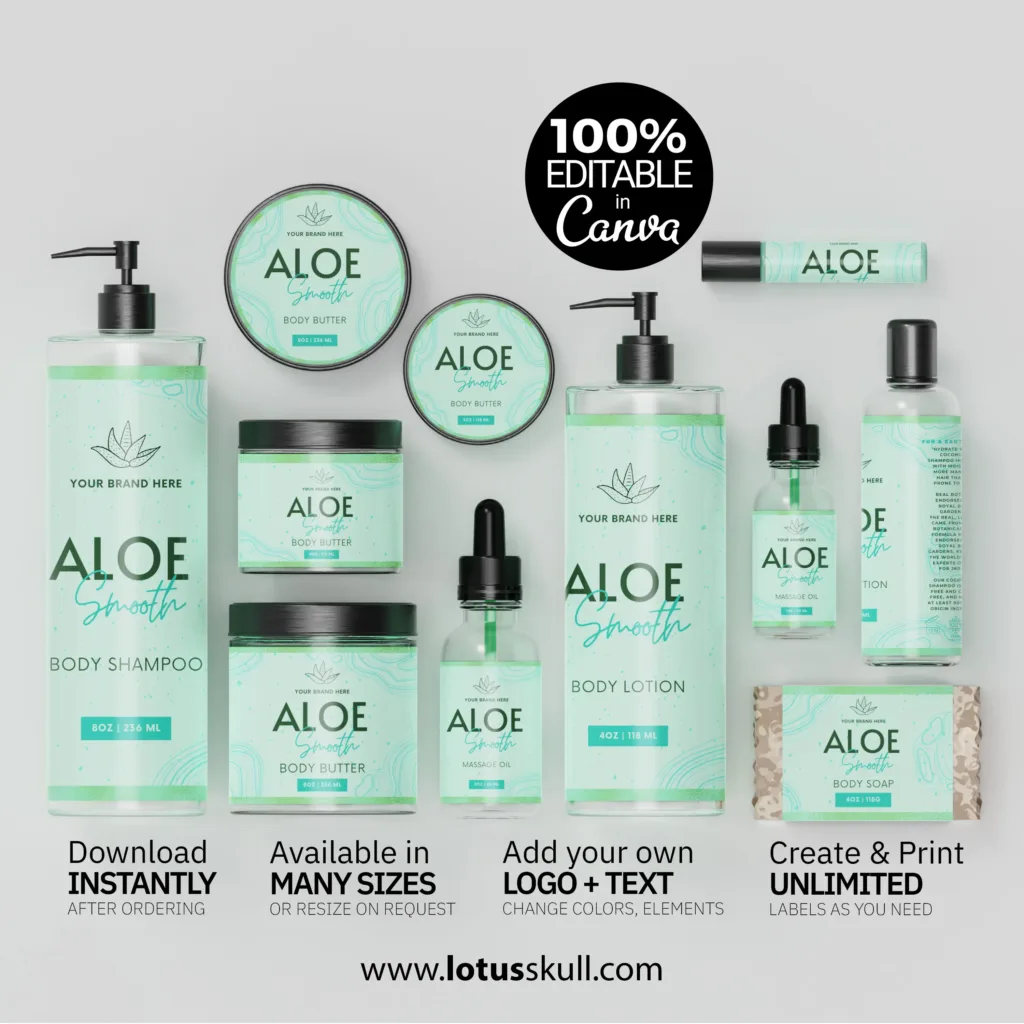 Self Editable and Printable Aloe Soothe - Aloe Vera Product Labels Made with Canva