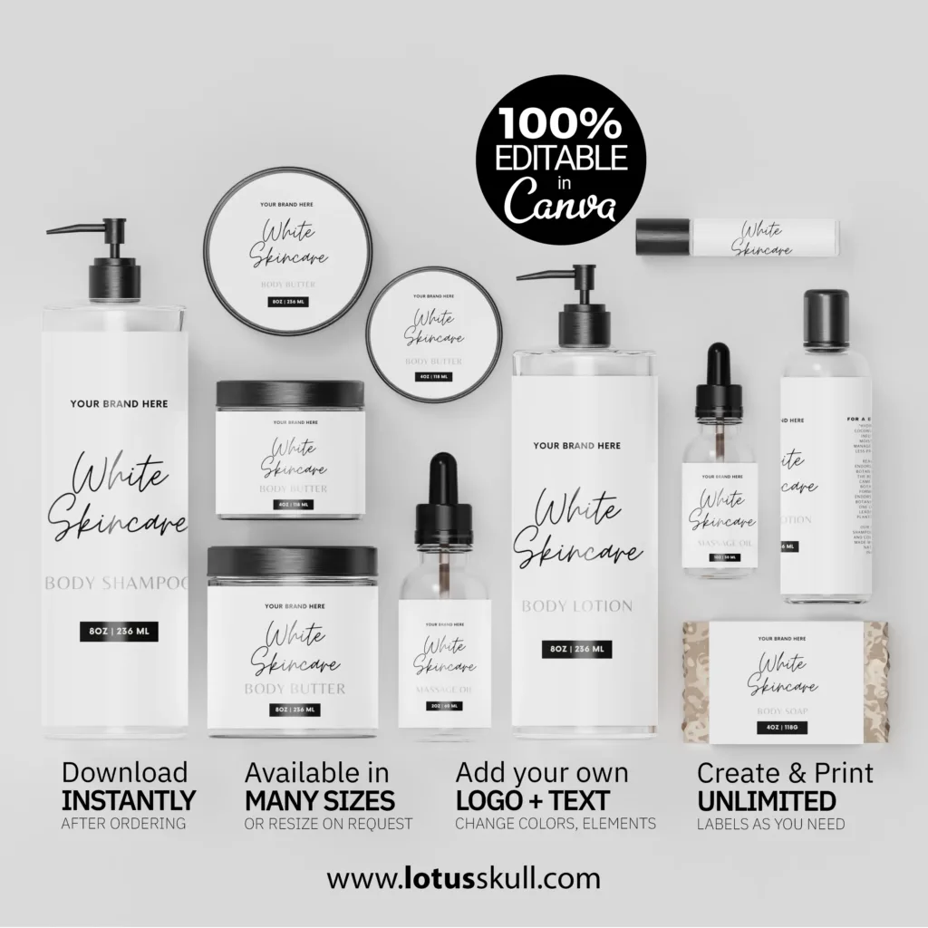 White Skincare - Minimalist White Label Templates for Beauty Product Branding | DIY Canva Label Templates