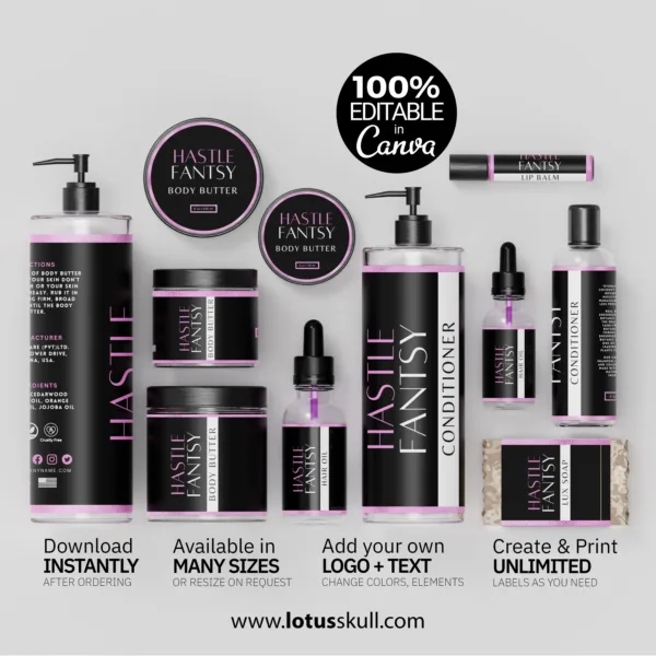Hastle Fantasy - Black Pink Premium Bodycare Label Templates | DIY Canva Label Templates