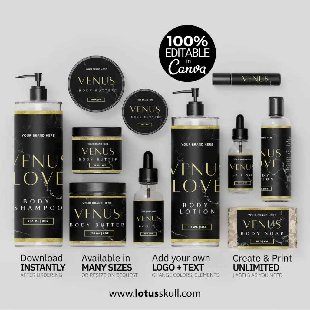 Venus - Black and Gold Premium Product Label Templates | DIY Skincare Labels