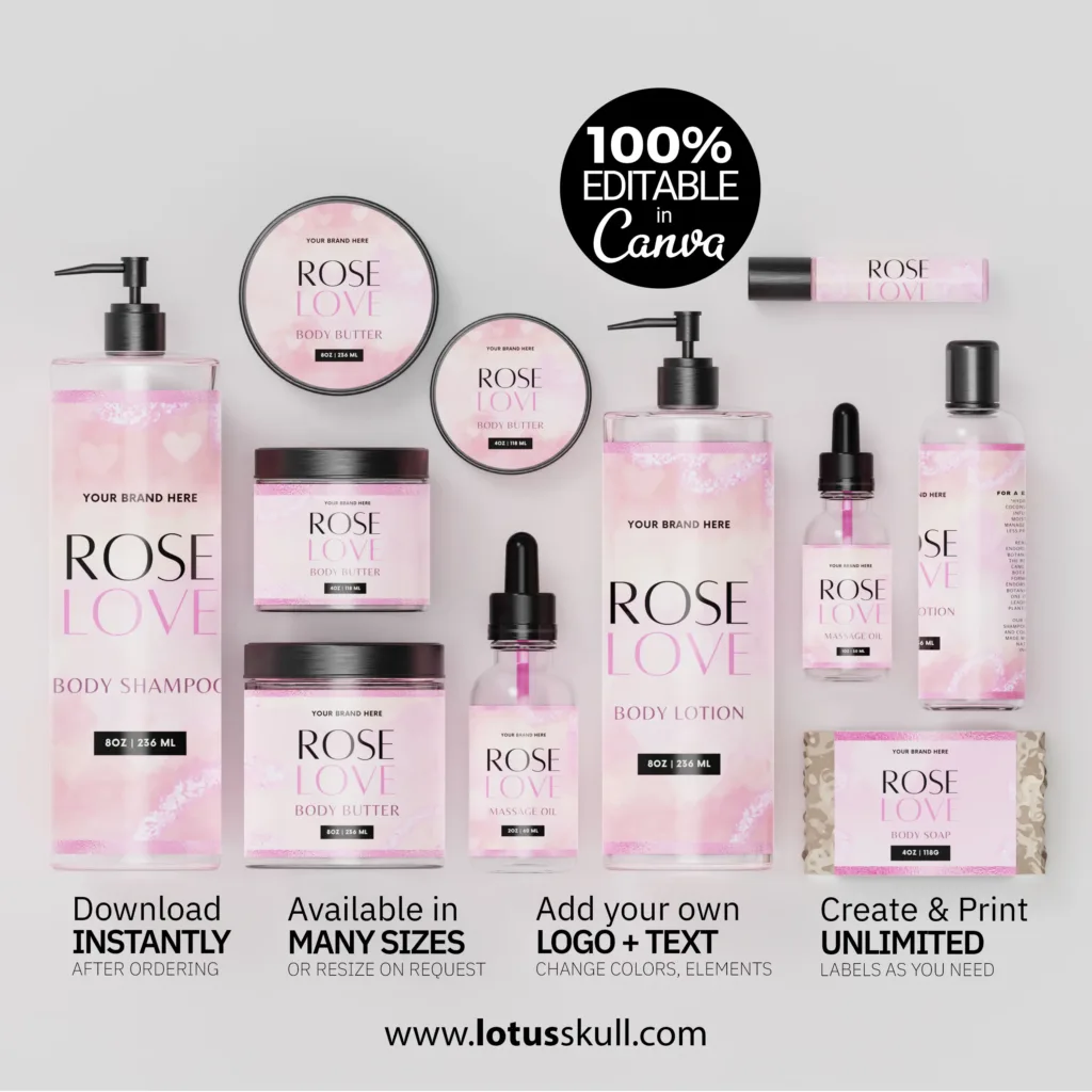 Rose Love - Elegant Label Templates for Skincare Product Branding | Editable Canva Templates (10 Sizes)