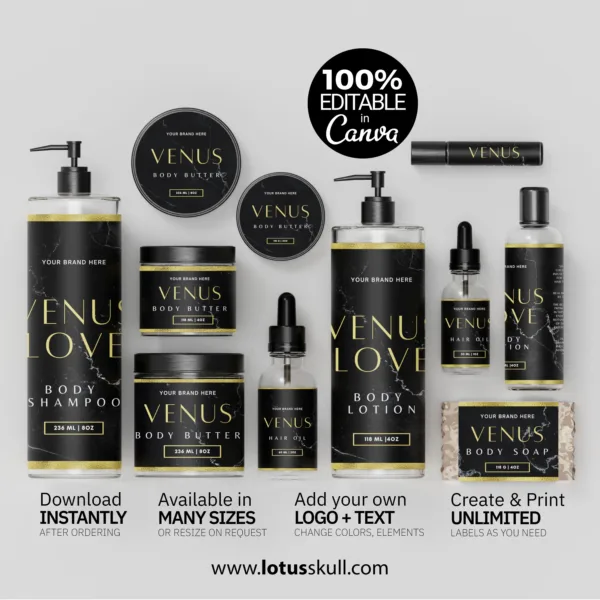 Venus - Black and Gold Premium Product Label Templates | DIY Skincare Labels