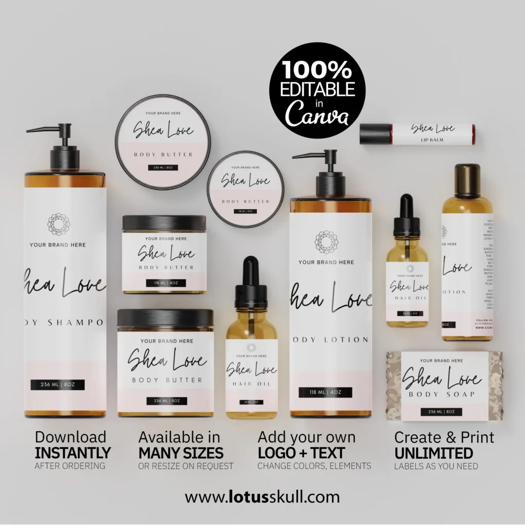Shea Love - Clean Minimalist Skincare Label Design Pack | DIY Canva Label Templates