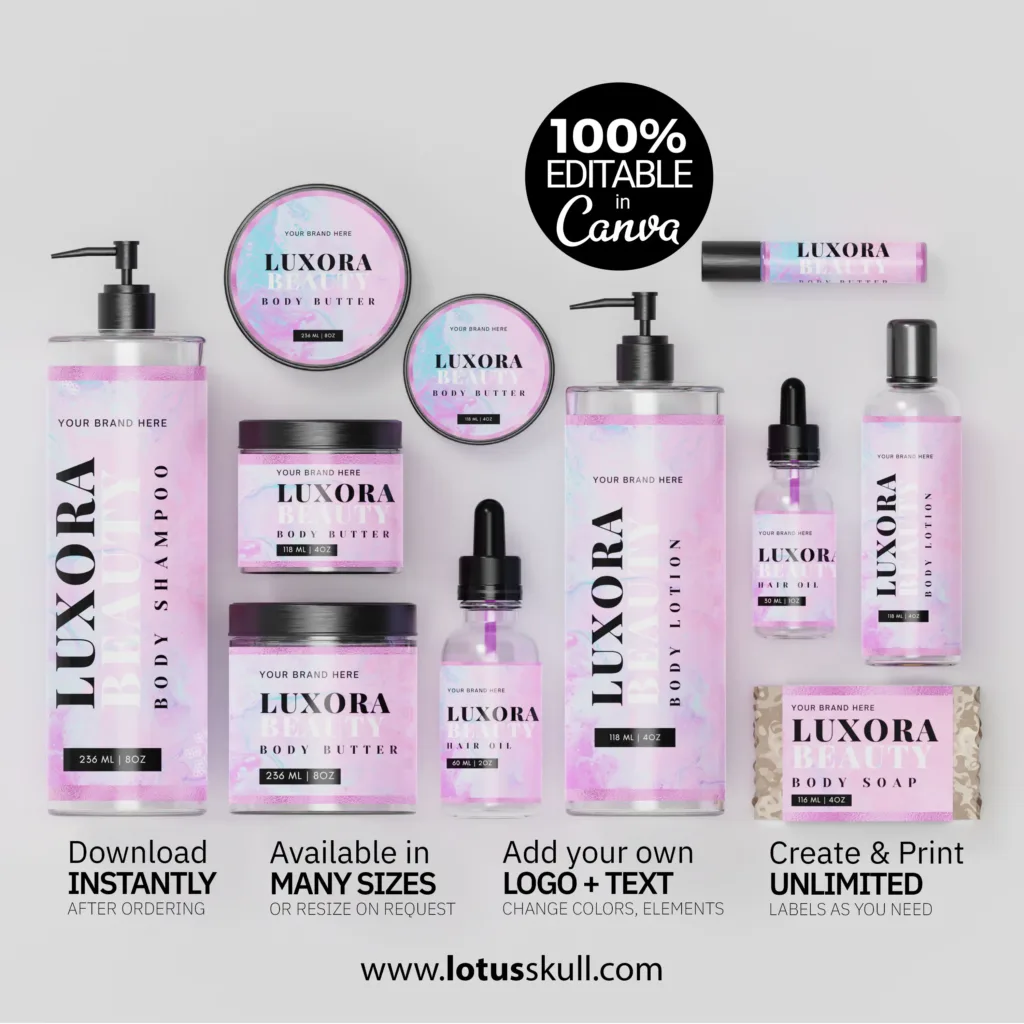 Vibrant Pink and Purple Skincare Label Templates for Lip Balm, Lip Gloss, Handmade Soap, Bottles and Jars made with canva