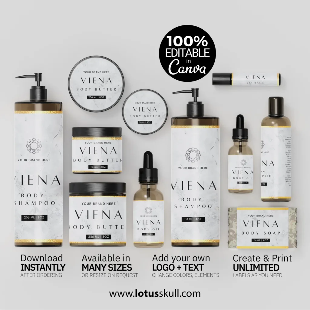 Viena - Stone Texture Product Labels with Gold Border for Spa Beauty Products Set | Customizable Canva Labels