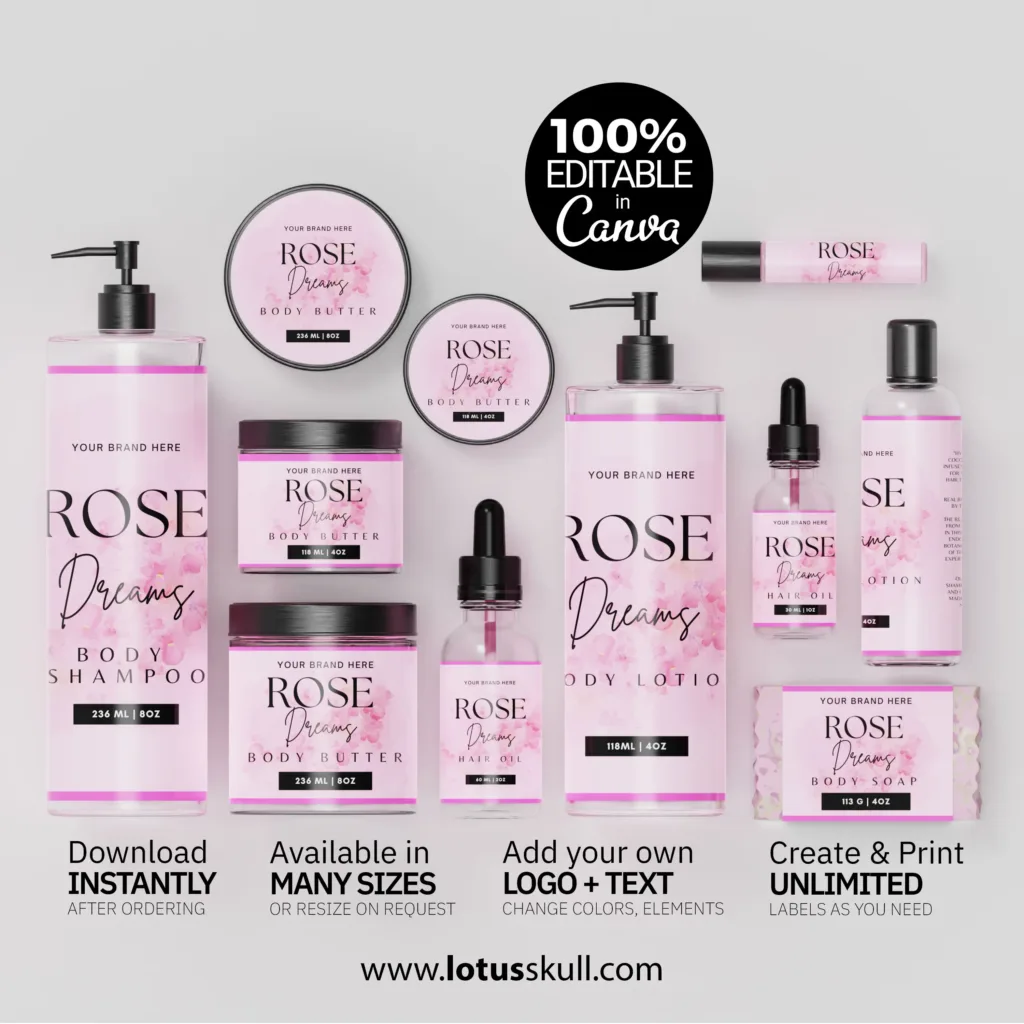 Cute pastel pink skincare label templates pack with 10 sizes