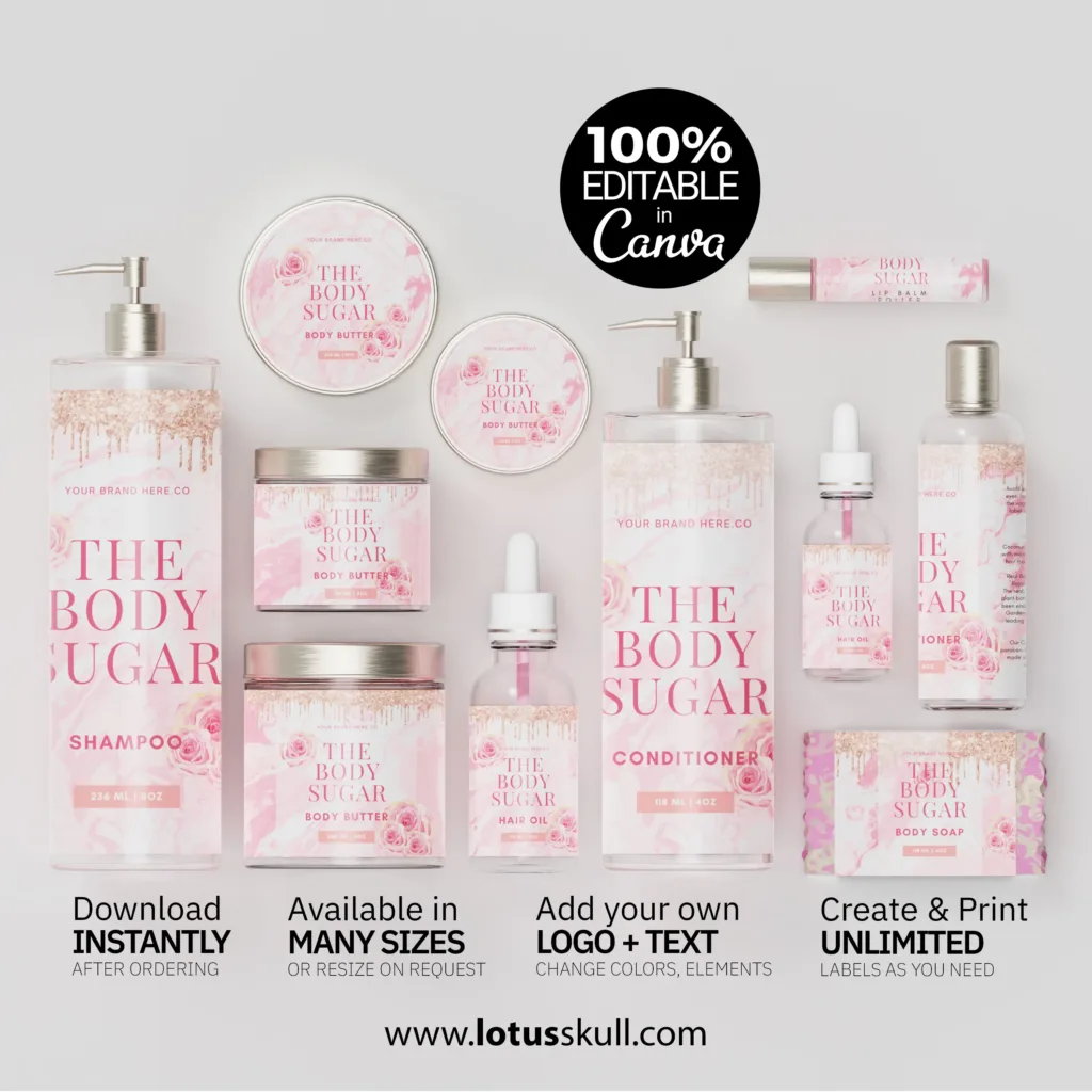 editable pink glitter product labels made with canva