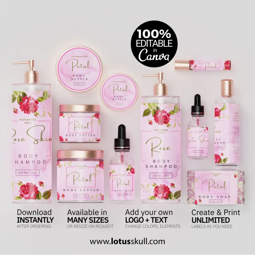 Petal - Soft Pink Floral Label Design Templates for Exclusive Skincare Branding | DIY Canva Label Designs