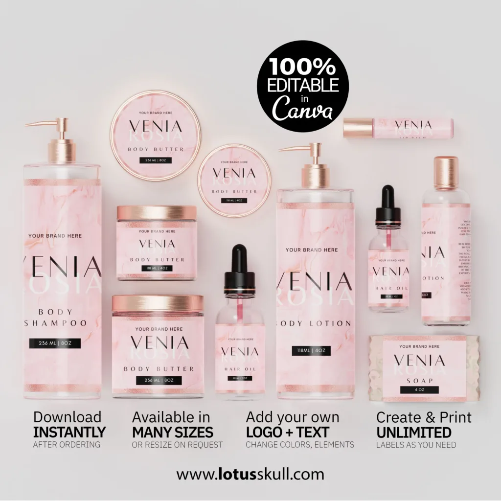 Venia Rosia - Premium Pink Marble Skincare Label Templates | DIY Jar Label Templates