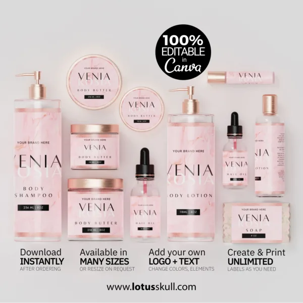 Venia Rosia - Premium Pink Marble Skincare Label Templates | DIY Jar Label Templates