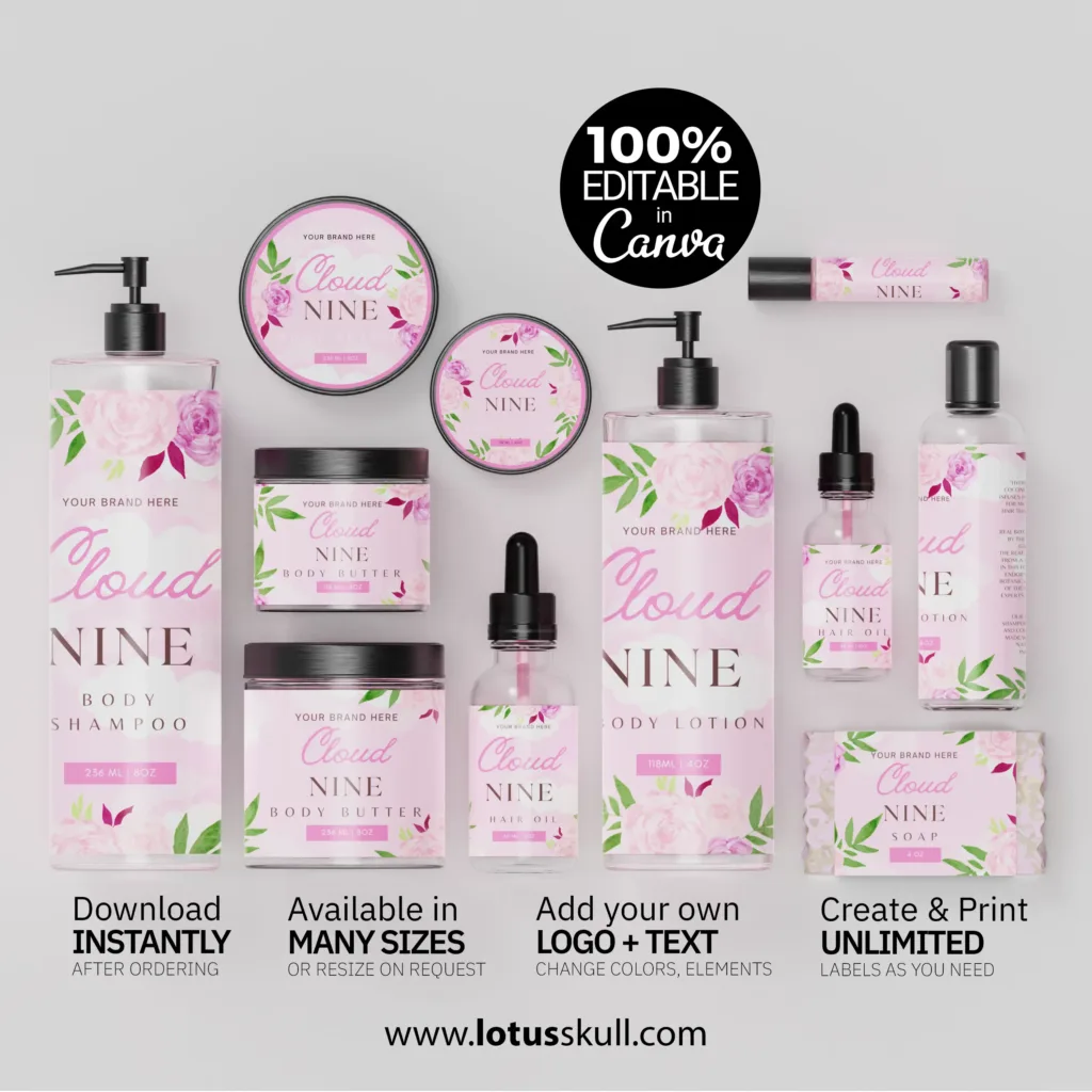 Beautiful Rose Pink Floral Label Templates made with canva for skincare packaging