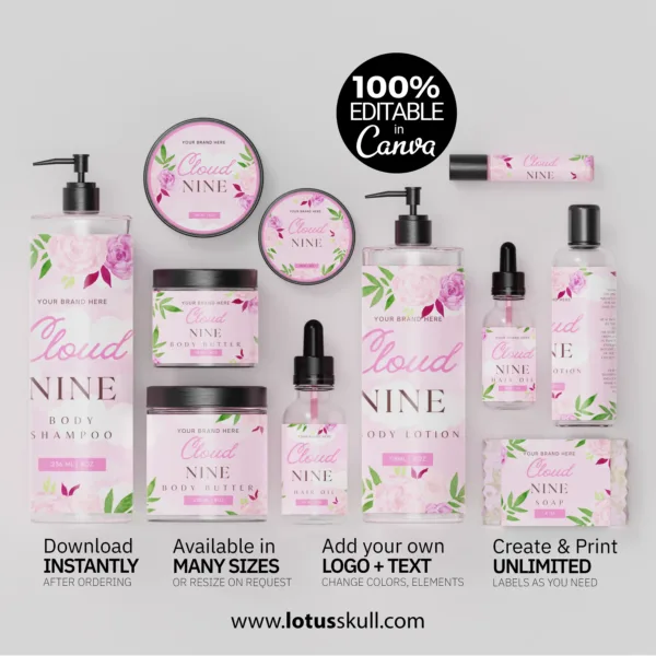 Cloud Nine - Tropical Pink Floral Label Templates for Beauty Product Set | DIY Canva Labels