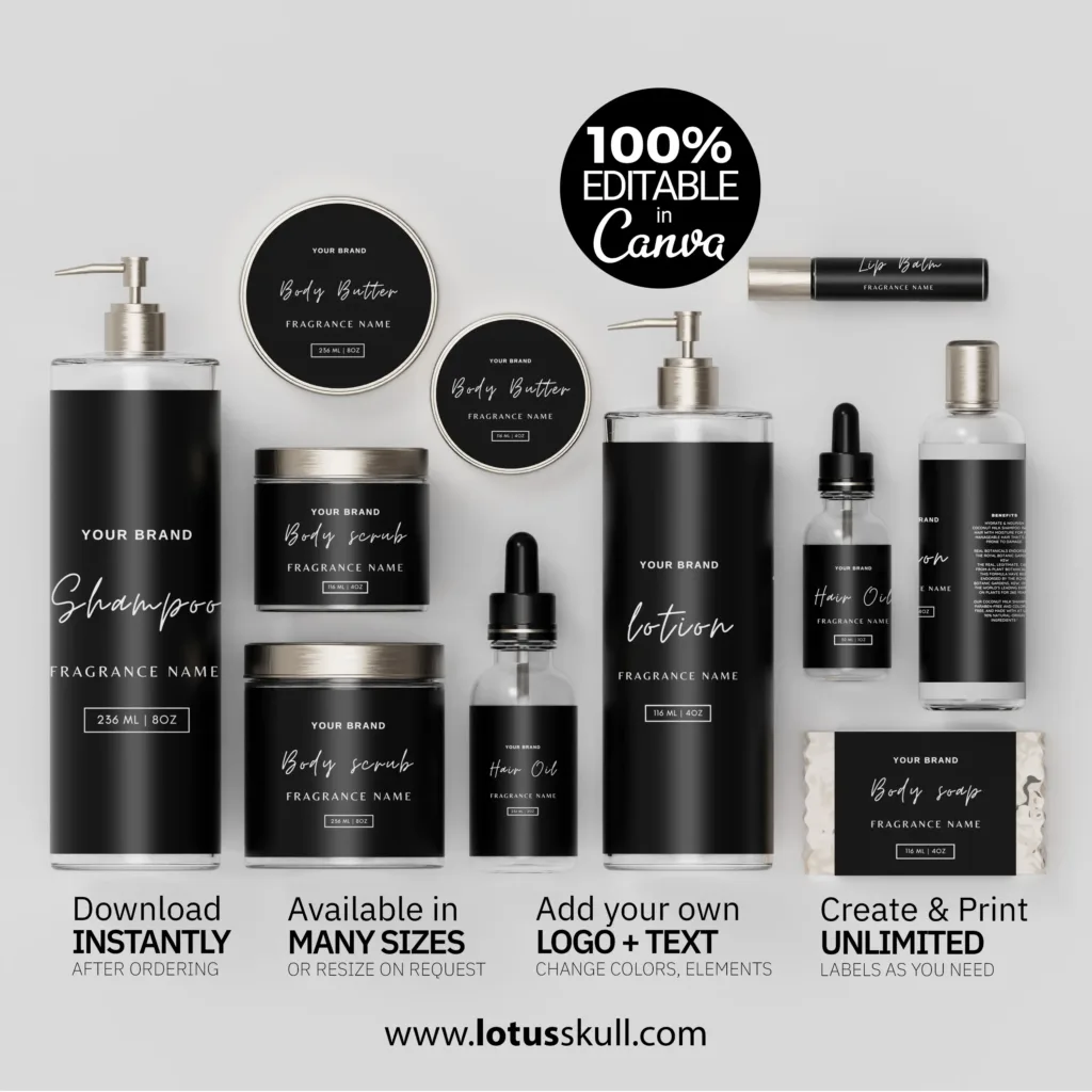Minimalist Black Label Designs for Skincare Branding | DIY Editable and Printable Canva Labels