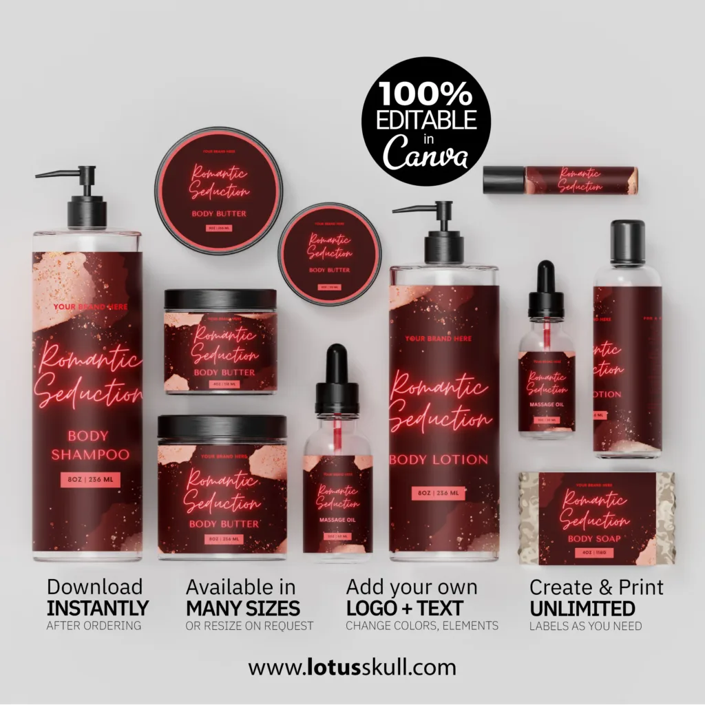 Romantic Seduction - Premium Red Label Templates for Body Care Product Branding made with canva