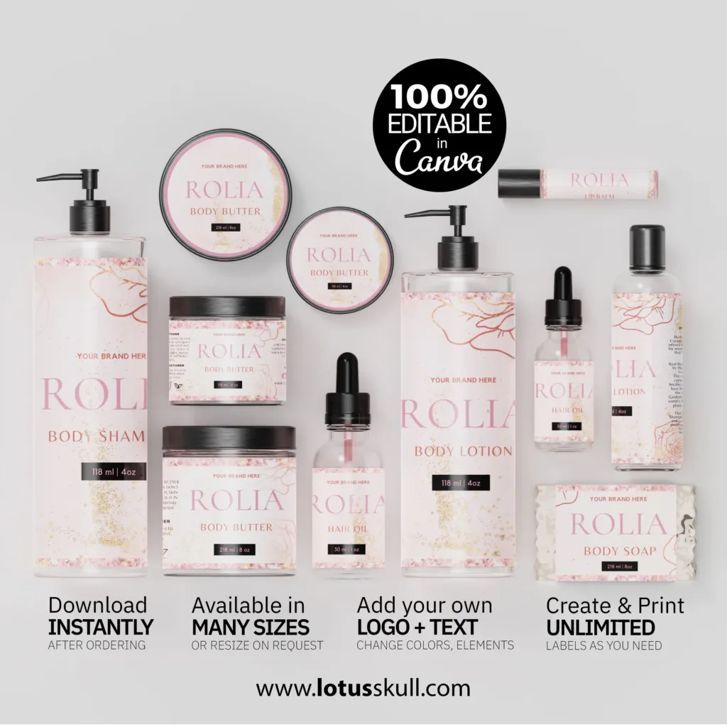Rolia - Glittery Rose Skincare Labels | DIY Canva Beauty Product Label Templates