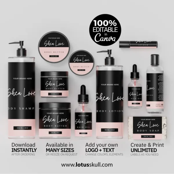 Shea Love - Premium Skincare Label Template Pack | DIY Printable Canva Labels