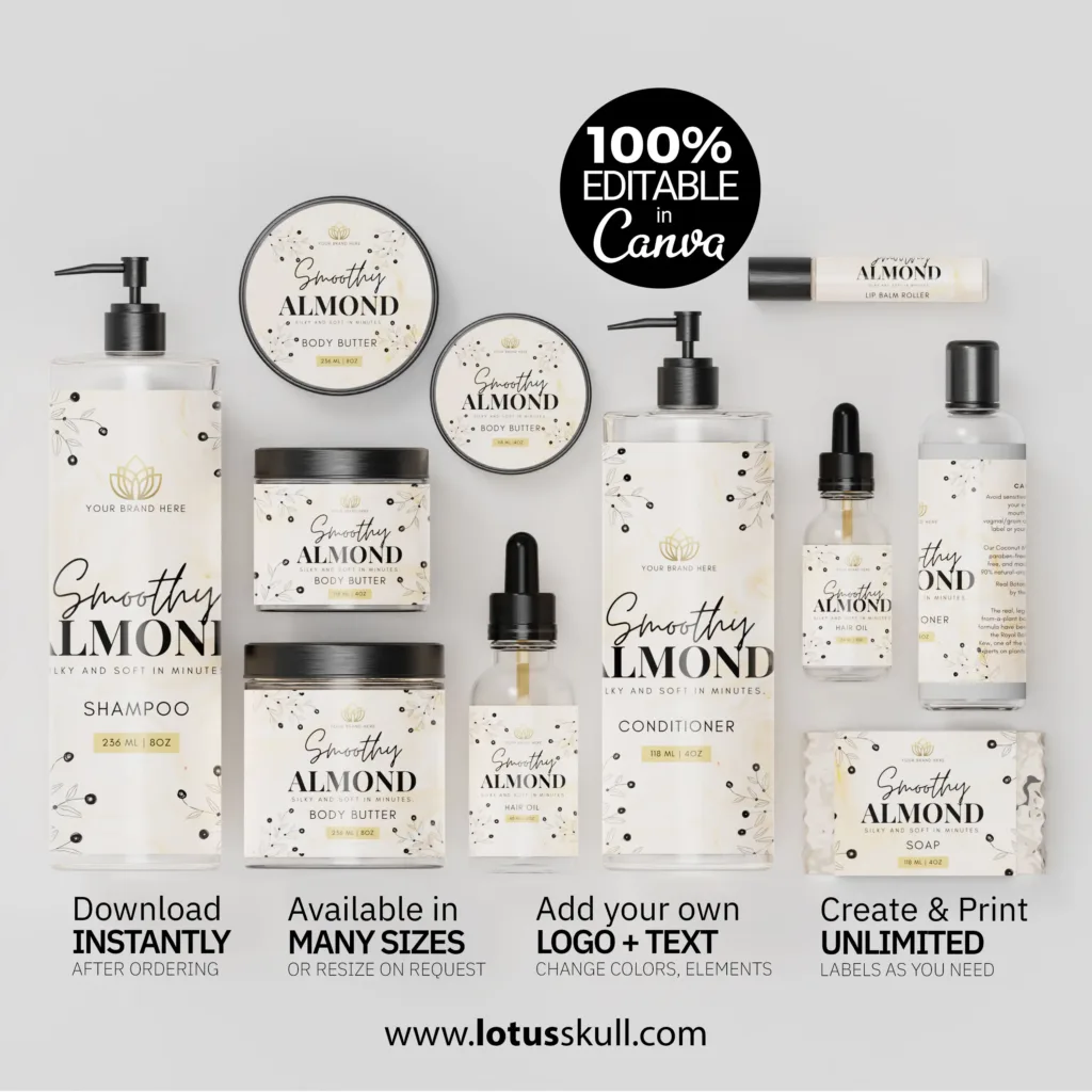 Almond themed creamy label templates for beauty product branding made with canva