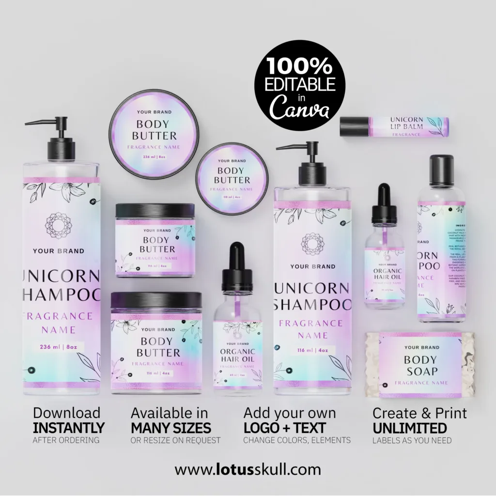Unicorn – Iridescent Cosmetic Product Label Templates | Colorful Luxury Canva Labels for Skincare & Beauty Branding